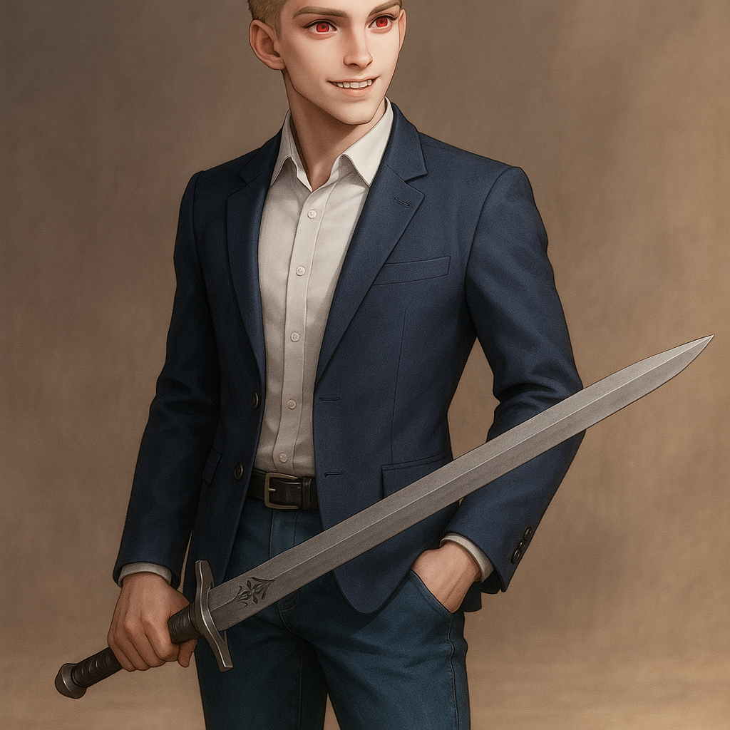 Молодой человек — один из самых верных заместителей лорда Гальватрона, несмотря на свой юный возраст. В свой 21 год он уже командует собственным отрядом предаконов и пользуется уважением как союзников, так и бывших противников. Внешне он представляет собой высокого стройного молодого человека с благородными чертами лица. Светлые, короткие почти платиновые волосы, уложенные в кфифф с фейдом и слоями, что придает ему немного формальный, но изысканный вид. Самая запоминающаяся черта его лица — необычные глаза нежно-красного цвета, которые могут казаться пугающими незнакомцам, но на самом деле часто светятся юношеским энтузиазмом и любопытством. У него есть небольшие, но заметные клыки как на верхней, так и на нижней челюсти, наследие его предаконской сущности. Они становятся особенно заметны, когда он улыбается, что добавляет его облику легкий хищный оттенок. В одежде предпочитает элегантный, но современный стиль. Его обычный наряд состоит из приталенного тёмно-голубого пиджака, белоснежной рубашки, классических джинсов и высоких лакированных оксфордов. Этот стиль отражает его характер — традиционный в основе, но с современными элементами. В качестве личного оружия предпочитает клинок, который сам выковал из кибертронской стали — длинный, прямой и легкий с выгравированным на лезвии древним предаконским символом. Он виртуозно владеет этим оружием, но также не имеет ничего против использования современного огнестрельного или плазменного оружия, признавая их эффективность. По характеру энергичный, полный энтузиазма и постоянно стремящийся к новым знаниям и навыкам. Он искренне верен своему лорду и делу защиты Кибертрона. Его ум острый и творческий, он часто находит нестандартные решения проблем.