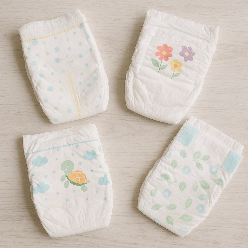 разные подгузники лежат на светлом столе реалистичное фото