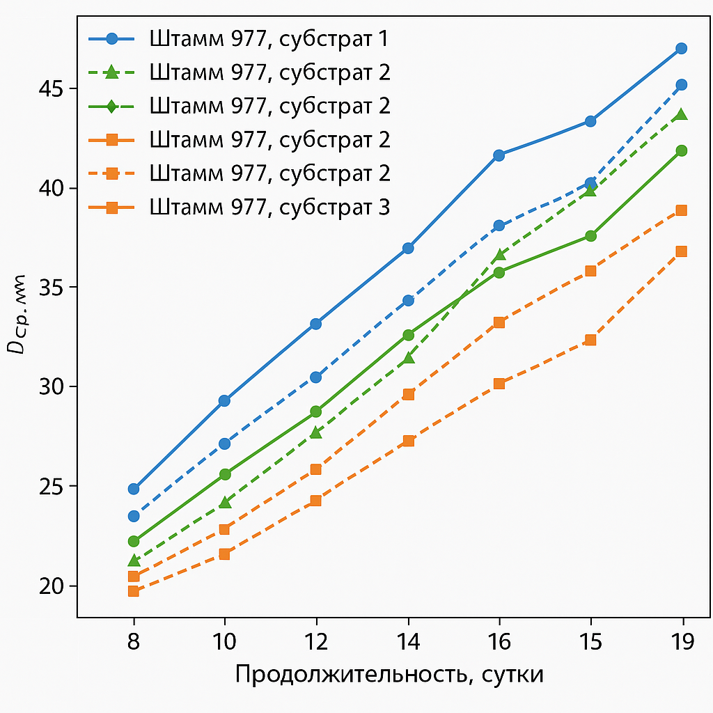 Создай график зависимости среднего диаметра (Dср, мм) от продолжительности (сутки), график должен отражать субстраты и повторности, таким образом на графике должно быть шесть линий.
 Штамм 977,субстрат 1 Штамм 977,субстрат 2 Штамм 977,субстрат 3 Сутки повторность Dср, мм повторность Dср, мм повторность Dср, мм 8 1 20 1 23,5 1 20 2 18,5 2 21,5 2 19 10 1 27 1 27 1 25,5 2 25 2 28 2 23 12 1 31 1 30 1 27,5 2 28 2 28,5 2 27 15 1 35 1 37 1 35,5 2 33 2 37 2 32 19 1 44,5 1 44,5 1 40,5 2 39 2 39 2 35,5
