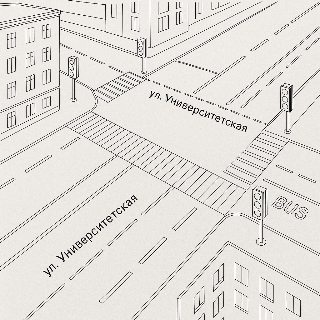 Осмотром установлено, что объектом осмотра является участок местности, перекресток – пересечения проспекта Театральный и улицы Университетская города Донецка Донецкой Народной Республики, расположенного вблизи дома № 37 по улице Университетская города Донецк Донецкой Народной Республики.
Общая ширина проезжей части пр-та Театральный г. Донецк вблизи пешеходного перехода составляет – 8,8 м, ширина каждой полосы составляет – 4,4 м.
Общая ширина проезжей части ул. Университетская г. Донецк вблизи пешеходного перехода составляет – 15 м, ширина автобусной полосы составляет – 3,7 м., ширина каждой их трех полос в направлении пр. Б. Хмельницкого, составляет – 3,1 м., которые разделены разделительной линией. 
Кроме того, разделительная линия до стоп-линии имеет прерывистую структуру, состоящую из чередующихся сегментов и просветов. Первый, наиболее длинный сегмент, имеет протяженность 20 м., за ним следует просвет (разрыв) длиной 2 м. Далее идет сегмент средней длины протяженностью 6 м, за ним располагается еще один просвет длиной 2 м. В последующем разделительная линия продолжается в сегментах 2 и 6 м. 
Светофор по ул. Университетской, расположенный с правой стороны в направлении пр. Б. Хмельницкого до пересечения с ул. Театральная находится от проезжей части на расстоянии 0,5 м. от ул. Университетская и 13 м. от ул. Театральная. Расстояние от стоп-линии до светофора 5,2 м., расстояние от светофора до начала разметки пешеходного перехода 7 м. 
Светофор по ул. Университетской, расположенный с левой стороны в направлении пр. Б. Хмельницкого до пересечения с ул. Театральная находится от проезжей части на расстоянии 1,5 м от ул. Театральная и 11 м. от ул. Университетская. 
Ширина всех четырех пешеходных переходов составляет 4м.
Расстояние между пешеходными переходами расположенными по ул. Университетская, составляет 30 метров. 
 Светофор по ул. Университетской, расположенный с правой стороны в направлении пр. Б. Хмельницкого после пересечения с ул. Театральная находится от проезжей части на расстоянии 0,8 м. от ул. Университетская и 11 м. от ул. Театральная. 
Светофор по ул. Университетской, расположенный с левой стороны в направлении пр. Б. Хмельницкого после пересечения с ул. Театральная находится от проезжей части на расстоянии 0,8 м от ул. Театральная и 7 м. от ул. Университетская.
Все светофоры находятся в зоне видимости, каких-либо предметов, а также наличие растительности ограничивающих угол обзора при движении по ул. Университетская, как и в противоположную сторону не установлено. Также угол обзора при движении по ул. Театральная, как и в противоположную сторону не установлено.
На момент осмотра полотно проезжей части каких-либо деформаций не имеет, проезжая часть сухая.