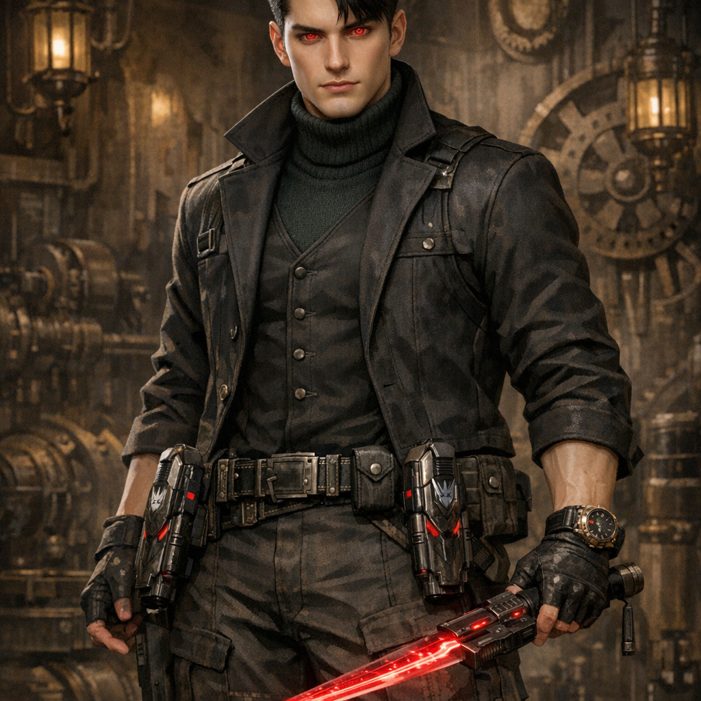 Трансформеры 2001 года. Скурдж - молодой заместитель Глаьватрона в части десептиконов, 21 год. Волосы: Чёрные как вороново крыло, уложенные в стильную британку – короткие по бокам и затылку, более длинные и аккуратно уложенные наверху, с чётким боковым пробором. Прическа создаёт образ классической мужской элегантности с современным твистом. • Глаза: Насыщенного рубинового цвета, яркие и выразительные. Взгляд проницательный, часто серьёзный, способный как устрашить противника, так и выразить непоколебимую верность своим соратникам. • Лицо: Чёткие, мужественные черты с выраженными скулами и сильной линией подбородка. Несмотря на молодой возраст, лицо выражает зрелость и серьёзность, с редкими, но искренними улыбками. • Особенности: Нет явных шрамов или отличительных меток, что свидетельствует о его превосходных боевых навыках – он умеет избегать ранений, оставаясь эффективным в бою. • Выражение лица: Обычно сосредоточенное и невозмутимое, с характерной военной сдержанностью. Высокий (около 175-178 см), с атлетическим, крепким телосложением, но без излишней массивности. • Широкие плечи и хорошо развитая мускулатура говорят о силе и боевой подготовке. • Движения чёткие, экономные, с военной точностью и грацией опытного бойца. • Верхняя одежда: Элегантный жакет темного оттенка (чёрный или тёмно-серый) с минималистичным дизайном и сдержанными деталями, подчёркивающими военный стиль. • Под жакетом: Тёмно-изумрудная водолазка из прочного материала, плотно облегающая торс, с высоким воротом, полностью закрывающим шею. • Брюки: Тёмные штаны карго свободного кроя с множеством функциональных карманов и усиленными вставками на коленях. • Обувь: Высокие кожаные сапоги чёрного цвета, сочетающие элегантный дизайн с практичностью и прочностью военной обуви. Вероятно, со скрытыми усилениями в подошве и носке. • Пояс: Широкий тактический пояс с различными креплениями и двумя кобурами по бокам для плазменных пистолетов. • Основное: Пара идентичных плазменных пистолетов в кобурах на поясе. Оружие имеет сдержанный, но футуристический дизайн с элементами десептиконской символики и рубиновыми акцентами. • Дополнительное: Компактная рукоять, закреплённая на поясе или в специальном креплении на бедре. При активации из неё выдвигается впечатляющее кибернетическое лезвие рубинового цвета, создающее как режущее, так и энергетическое воздействие. • Возможно дополнительное скрытое оружие в сапогах или рукавах. • Минималистичные тактические часы на левом запястье.