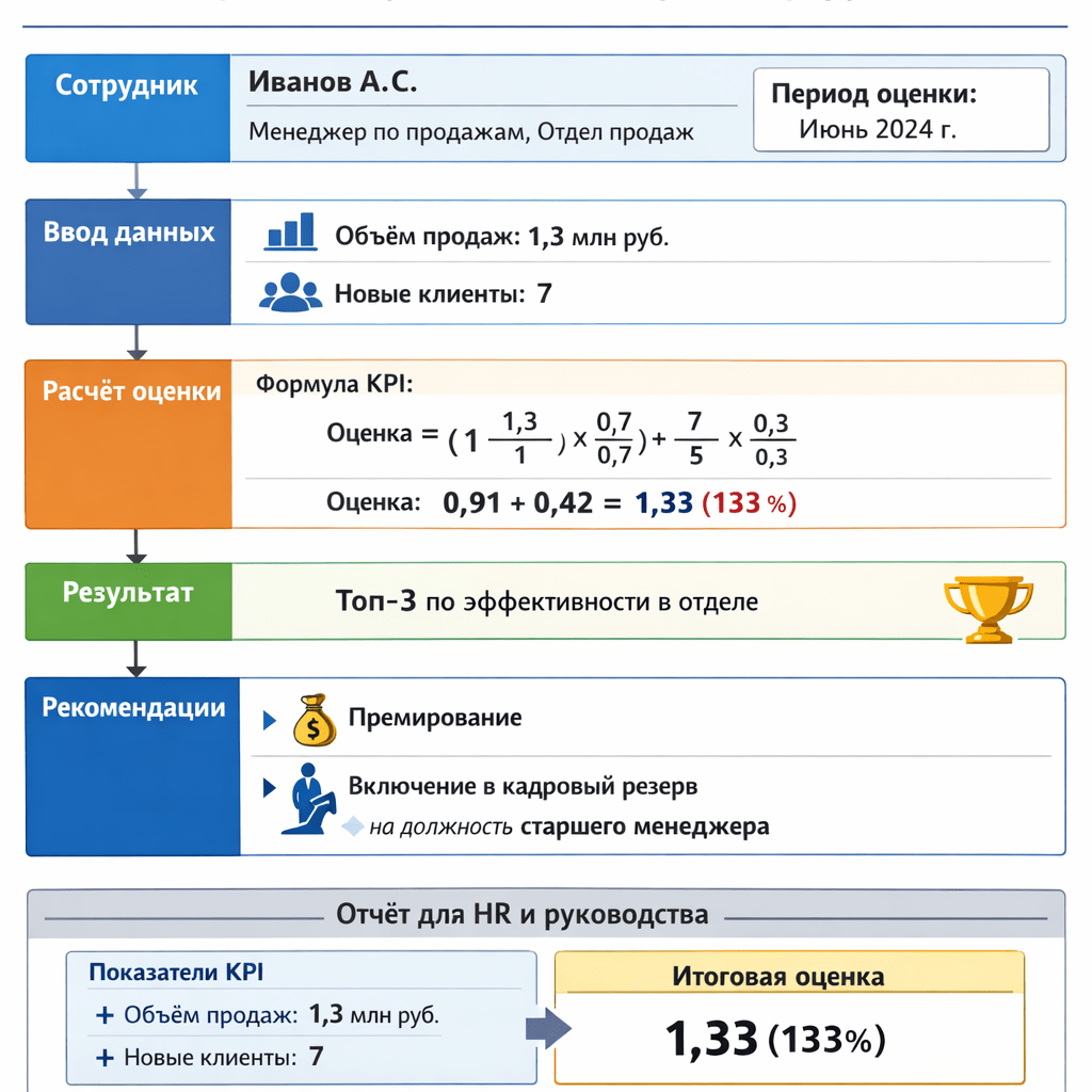Контрольный пример: оценка эффективности менеджера по продажам
Исходные данные:

сотрудник: Иванов А. С., менеджер по продажам, отдел продаж;

период оценки: июнь 2024 г.;

KPI:

«Объём продаж» (вес 0,7, норматив 1 млн руб.);

«Количество новых клиентов» (вес 0,3, норматив 5 клиентов).

Ход выполнения:

Ввод данных: руководитель внёс фактические показатели за июнь:

объём продаж — 1,3 млн руб.;

новых клиентов — 7.

Расчёт оценки: система автоматически рассчитала оценку по формуле:

\text{Оценка} = \left(\frac{1{,}3}{1} \times 0{,}7\right) + \left(\frac{7}{5} \times 0{,}3\right) = 0{,}91 + 0{,}42 = 1{,}33 \text{ (133 %)}
Формирование рейтинга: сотрудник попал в топ‑3 подразделения по эффективности.

Рекомендации системы:

премирование (на основе высокой оценки);

включение в кадровый резерв на должность старшего менеджера.

Отчётность: система сформировала отчёт для HR‑отдела и топ‑менеджмента с детализацией по KPI. нарисуй детальную схему на русском языке