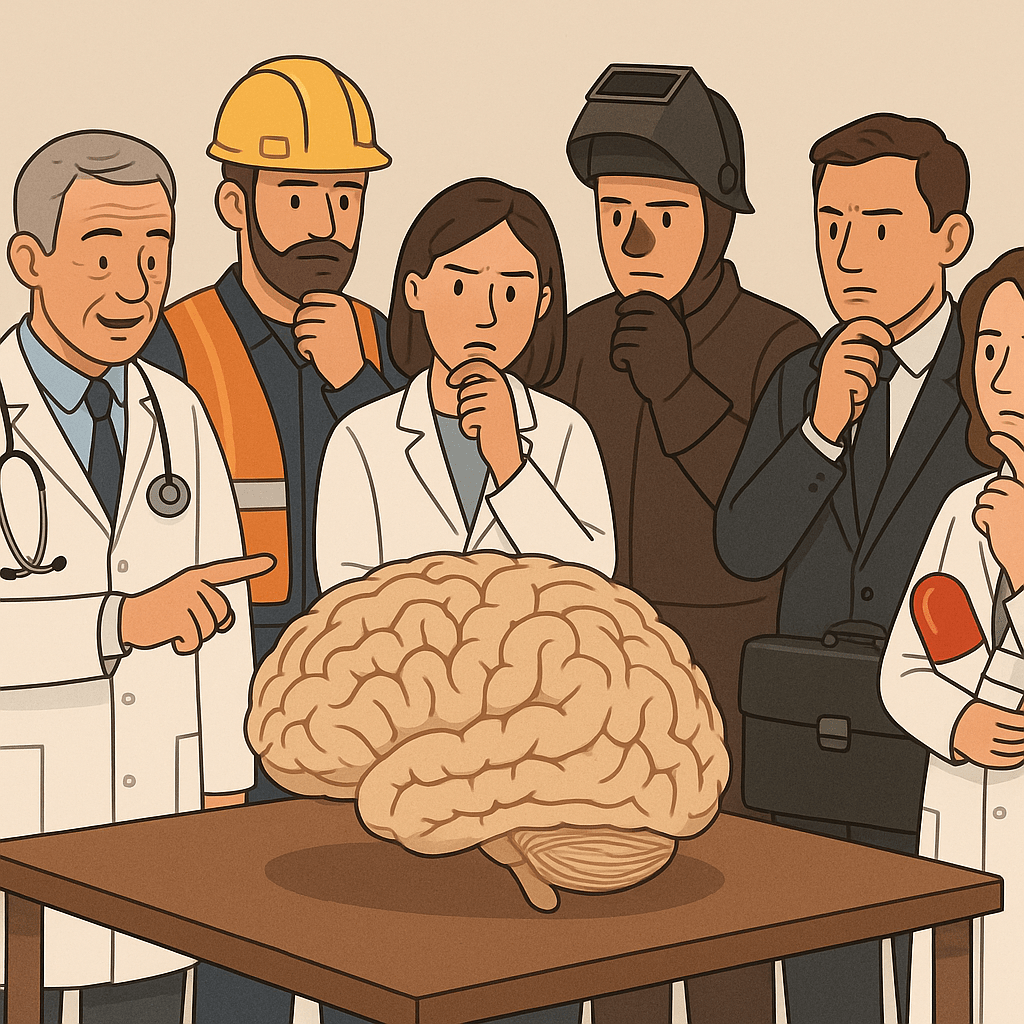 Нарисуй большой мозг на столе. Вокруг него стоят люди разных профессий, врачи, монтажники, сварщик, руководитель с портфелем и портфелем , представители фармацевтических компаний и все смотрет на мозг о чем то размышляют, врач показывает указательным пальцем на него