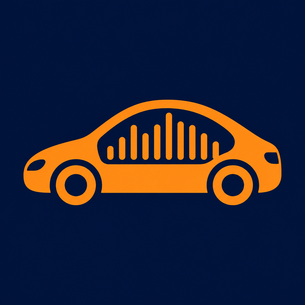 Minimalist flat vector logo, side-view car silhouette with sound equalizer bars inside the cabin instead of windows, dark navy blue body and background, orange car silhouette, rounded shapes, simple geometric wheels, no text, no letters, clean app icon style, centered composition, square format, 1:1 aspect ratio, high contrast, bold simple shapes, telegram bot avatar style