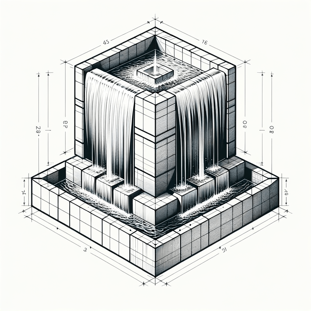 Чертеж кубического фонтана с размерными обозначениями