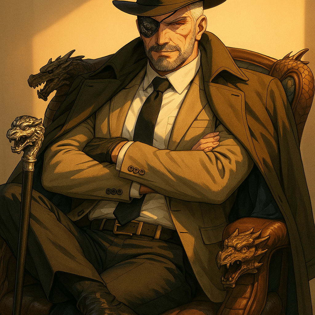 Transformers 2001, Galvatron, 40-43 years old, tall, statuesque, strong build, height 190-195, military bearing, short and straight silver-blond hair with a metallic tinge at the temples, serious facial features, stern expression, red left eye, right eye is covered with a straight black rectangular bandage, on it is carved with silver threads The dragon. On the right side of the face, under the bandage, in the place where the right eye was, there is a wide scar, from the forehead to the chin, as well as a couple of small scars. Neatly trimmed dark gray balbo-style beard without sideburns and joints. He is dressed in a snow-white starched polo shirt, hugging his prominent figure, buttons on his torso ready to part with might, a perfectly knotted black tie, a beige two-piece jacket, strict black trousers with a bronze buckle, patent leather high boots, and a hat on his head, the brim of which casts a shadow on his face. On the shoulders is a classic long coat in dark khaki, with a dark blue inner lining. He is sitting in a leather armchair, leaning back, decorated with dragon inserts and dragon claws, hands on the armrests, folded over his chest, one leg bent, the other straightened forward. Next to it is a cane with a silver head in the form of a grinning dragon's head. Galvatron is relaxed and calm, radiating authority, inflexibility and pride. The left corner of his lips is lifted in a grin, his single eye looks shrewdly, as if burning through the interlocutor.