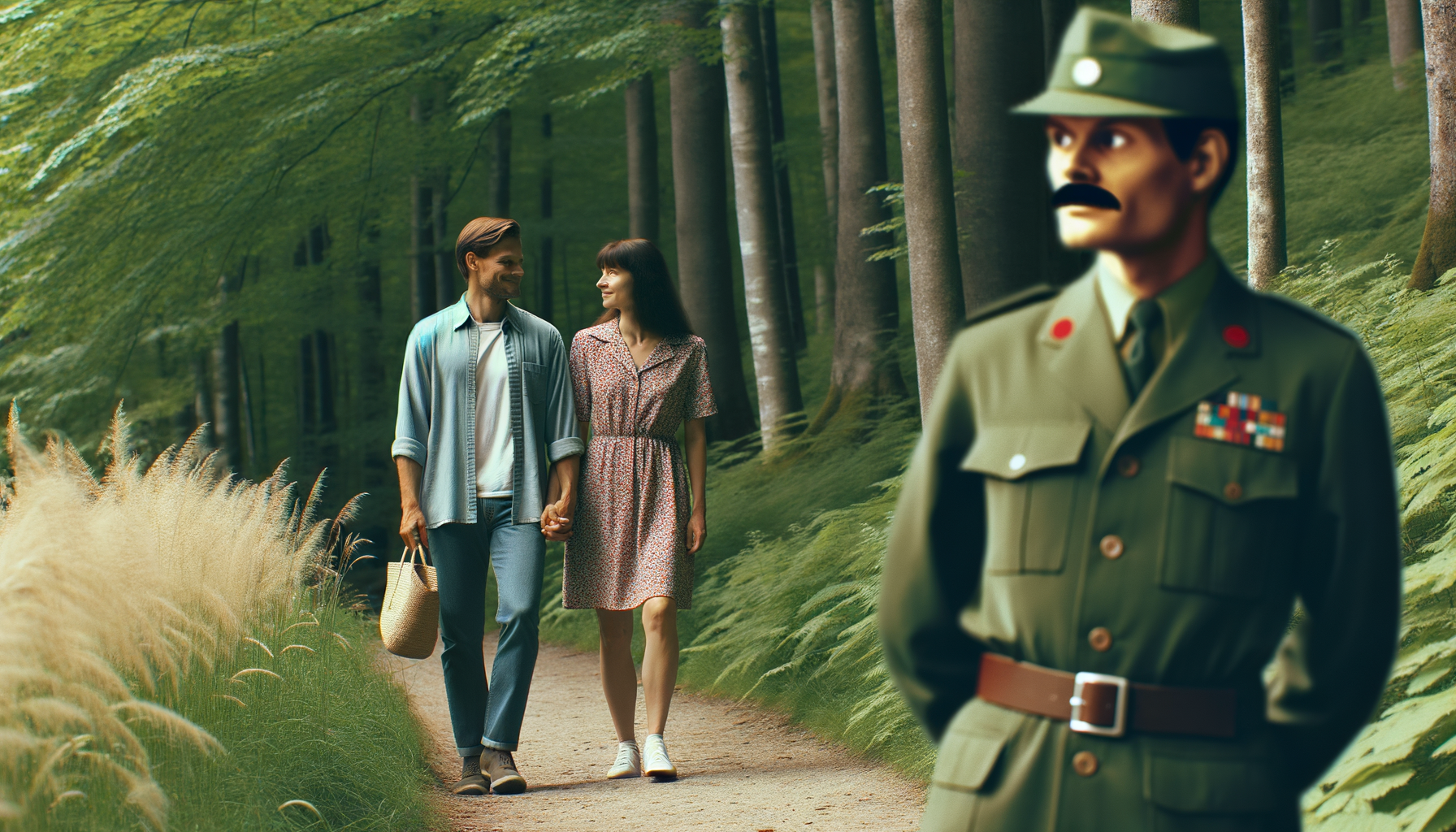 1976 год пара мужчина и женщина гуляют в лесу, спиной к нам стоит подозрительный  американский гражданский мужчина и смотрит на пару
