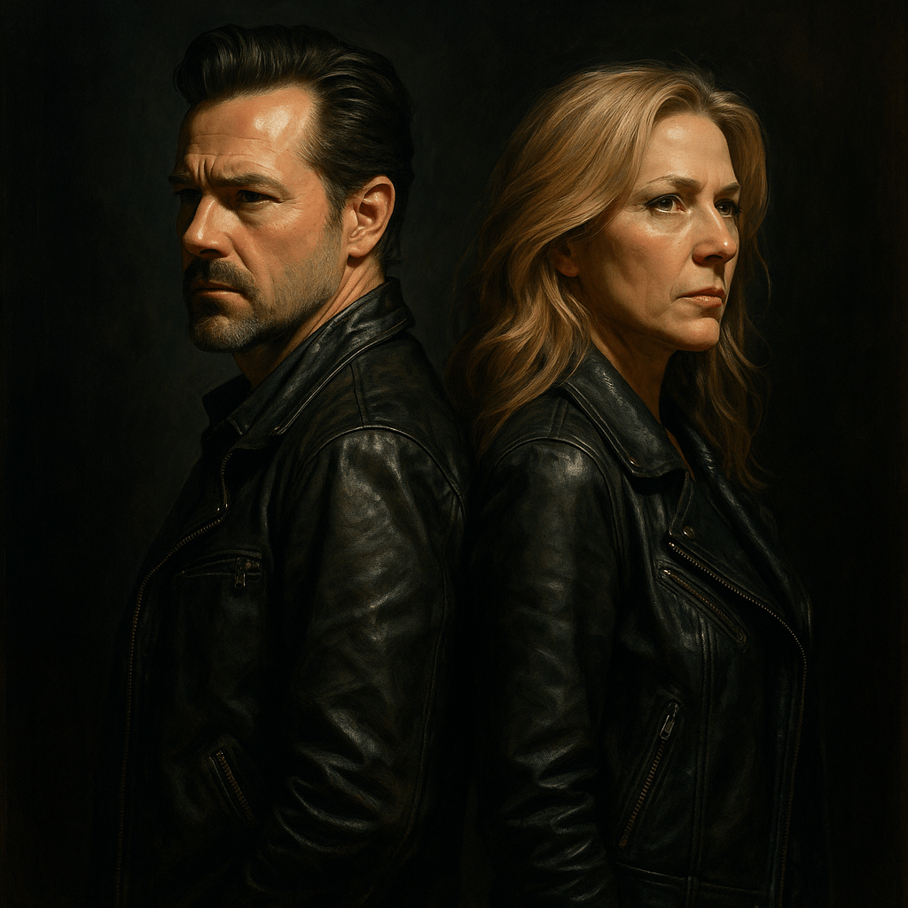David Haydn-Jones and Samantha Smith are standing in leather jackets with their backs to each other.