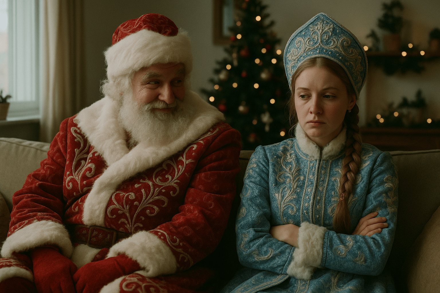 Russian man and woman in luxurious, detailed Ded Moroz and Snegurochka costumes sitting on a couch in apartment after a fight, Ded Moroz glances at Snegurochka with a mischievous smirk, a twinkle in his eye, while she avoiding eye contact, mixed emotions on her face, dim winter light from a window, holiday decorations in the background, warm environment, cinematic shallow depth of field, style of 'Little Miss Sunshine', cinematic framing, muted colors, realistic skin textures, subtle sadness, 35mm film grain, inspired by indie dramas like 'Marriage Story', hyper-realistic, avoid cartoonish style Russian man and woman in luxurious, detailed Ded Moroz and Snegurochka costumes sitting on a couch in apartment after a fight, Ded Moroz glances at Snegurochka with a mischievous smirk, a twinkle in his eye, while she avoiding eye contact, mixed emotions on her face, dim winter light from a window, holiday decorations in the background, warm environment, cinematic shallow depth of field, style of 'Little Miss Sunshine', cinematic framing, muted colors, realistic skin textures, subtle sadness, 35mm film grain, inspired by indie dramas like 'Marriage Story', hyper-realistic, avoid cartoonish style