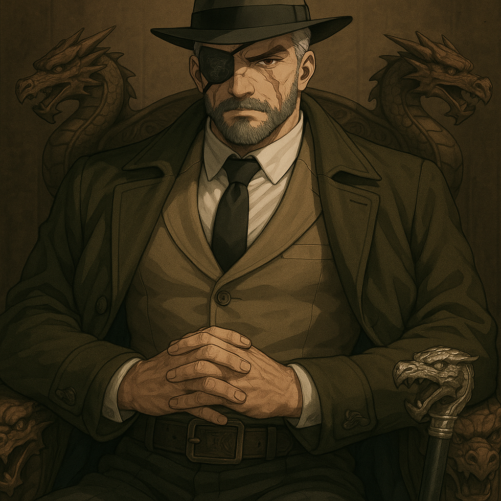 Трансформеры 2001 года, Гальватрон, 40-43 лет, высокий, статный, крепкого телосложения, рост 190-195, военная выправка, 
в элегантном кресле с резными драконьими подлокотниками восседает внушительный мужчина, чей вид вызывает одновременно уважение и опаску. Его лицо пересекает широкий шрам, идущий через всю правую половину, частично скрытый черной прямоугольной глазной повязкой, на которой серебряными нитками искусно вышит дракон.
Светло-серебристые короткие и прямые волосы аккуратно уложены. Единственный видимый левый глаз имеет необычный красноватый оттенок, пристальный взгляд которого словно проникает в душу. Лицо обрамляет ухоженная темно-серая бородка в стиле бальбо, без боков, подчеркивающая твердость подбородка и решительность характера.
Одет он в бежевый пиджак, который застегнут на все пуговицы и отлично сидит на его внушительной фигуре. Поверх накинуто пальто цвета темного хаки с темно-синей подкладкой. Накрахмаленная белая рубашка плотно облегает торс, обрисовывая мускулатуру и выдавая отличную физическую форму. Черный галстук и шляпа с широкими полями и черной лентой дополняют образ.
Темные брюки подпоясаны массивным ремнем с тяжелой декоративной пряжкой. Его руки, сложенные вместе в жесте спокойной уверенности, демонстрируют силу и контроль. Рядом с ним — трость с серебряным набалдашником в виде оскаленной драконьей головы, завершая образ властного, загадочного человека, который, кажется, имеет особую связь с драконами, окружающими его в декоре.
Атмосфера изображения выдержана в приглушенных коричневых и оливковых тонах, что создает ощущение винтажной фотографии с элементами мистики и скрытой опасности.
