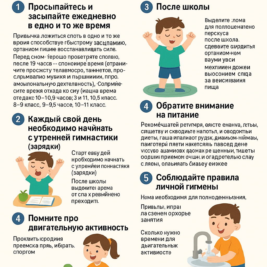 Рекомендации по организации режима дня:
1. Просыпайтесь и засыпайте ежедневно в одно и тоже время
Привычка ложиться спать в одно и то же время способствует быстрому засыпанию, организм лучше восстанавливает силы. Перед сном: хорошо проветрите спальню, после 19 часов — спокойное время (ограничьте просмотр телевизора, гаджетов, прослушивание музыки в наушниках, любую эмоциональную деятельность), сформируйте «ритуал» отхода ко сну: можно принимать ванну / душ, выбирать одежду на следующий день, читать книгу; обозначьте время отхода ко сну (в одно время каждый день) Сколько должен спать ребёнок?
1-4 класс — 10-10,5 часов; 5-7 класс — 10,5 часов; 8-9 класс — 9-9,5 часов; 10-11 класс — 8-9 часов.
2. Каждый свой день необходимо начинать с утренней гимнастики (зарядки). Она облегчает переход от сна к рабочему состоянию, позволяет «зарядить» организм бодростью на целый день.
3. После школы: выделите время для полноценного перекуса после школы, сделайте небольшой перерыв для игр, а затем определенное количество времени для выполнения домашнего задания.
4. Обратите внимание на питание. Оно должно быть регулярным (4-5 раз): между приемами пищи должны быть промежутки не более 3,5 — 4 часов, питание должно быть сбалансированное, кушать необходимо сидя за столом, медленно пережевывая пищу; отдавайте предпочтение здоровой пище игнорируя фастфуд, сладости и газированные напитки. Пища должна быть разнообразной, полноценной и обязательно свежей.
В рацион должны входить овощи и фрукты, молоко и молочные продукты, мясо, растительное масло, крупы и злаки. При трехразовом питании самым сытным должен быть обед, а самым легким — ужин. Завтрак должен быть обязательно. Минимум два раза в день горячая пища. Вредно во время еды читать, смотреть телевизор, работать за компьютером и вообще отвлекаться на решение каких-либо задач. 
5. Помните про двигательную активность, она необходима для полноценного физического развития. Приветствуется любая двигательная активность: прогулки, игры на свежем воздухе, занятия спортом.
Сколько нужно времени для двигательной активности?
 Младший возраст: 3-3,5 часа в день; Старшеклассники: 2,5 часа в день.
Занятия физкультурой делают нас более выносливым и здоровым. Физические упражнения хорошо укрепляют кости, мышцы и суставы, улучшается иммунитет и обмен веществ.
Ежедневная зарядка — обязательный минимум для каждого человека придерживающегося здорового образа жизни. В идеале она должна стать привычкой, как умывание по утрам.
6. Соблюдайте правила личной гигиены, следите за чистотой тела, одежды, обуви. 
Распорядок дня в любом возрасте помогает сформировать полезные для здоровья привычки.