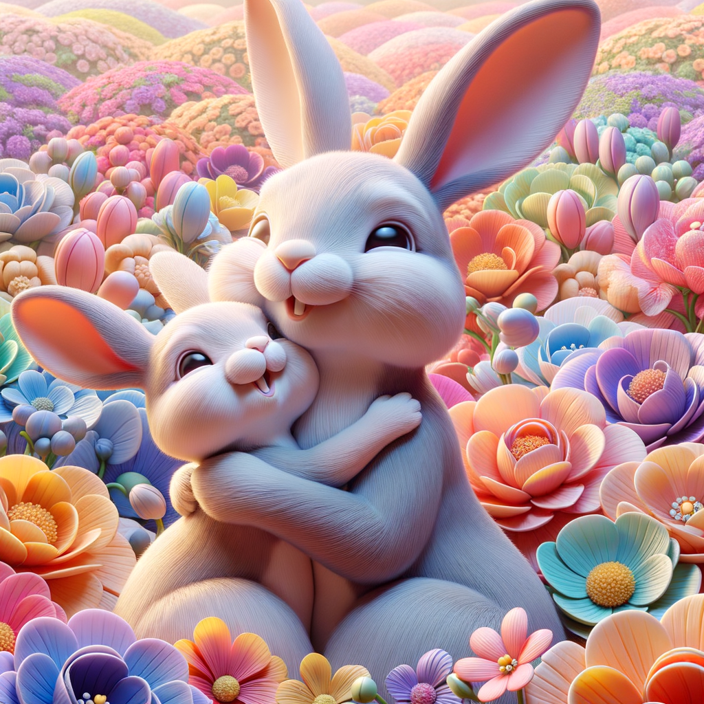 two little bunnies hug the mother hare and smile and give flowers, in the background there is a flower meadow