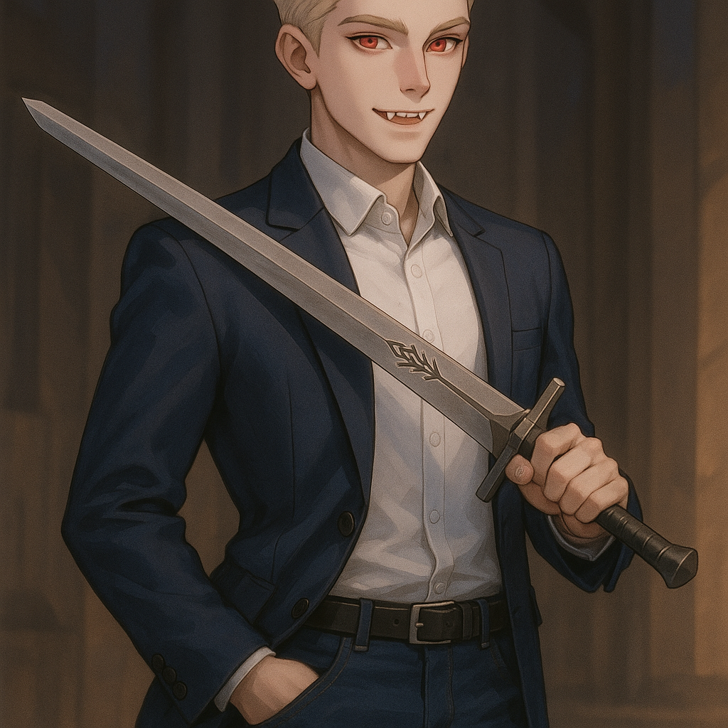 Молодой человек — один из самых верных заместителей лорда Гальватрона, несмотря на свой юный возраст. В свой 21 год он уже командует собственным отрядом предаконов и пользуется уважением как союзников, так и бывших противников. Внешне он представляет собой высокого стройного молодого человека с благородными чертами лица. Светлые, короткие почти платиновые волосы, уложенные в кфифф с фейдом и слоями, что придает ему немного формальный, но изысканный вид. Самая запоминающаяся черта его лица — необычные глаза нежно-красного цвета, которые могут казаться пугающими незнакомцам, но на самом деле часто светятся юношеским энтузиазмом и любопытством. У него есть небольшие, но заметные клыки как на верхней, так и на нижней челюсти, наследие его предаконской сущности. Они становятся особенно заметны, когда он улыбается, что добавляет его облику легкий хищный оттенок. В одежде предпочитает элегантный, но современный стиль. Его обычный наряд состоит из приталенного тёмно-голубого пиджака, белоснежной рубашки, классических джинсов и высоких лакированных оксфордов. Этот стиль отражает его характер — традиционный в основе, но с современными элементами. В качестве личного оружия предпочитает клинок, который сам выковал из кибертронской стали — длинный, прямой и легкий с выгравированным на лезвии древним предаконским символом. Он виртуозно владеет этим оружием, но также не имеет ничего против использования современного огнестрельного или плазменного оружия, признавая их эффективность. По характеру энергичный, полный энтузиазма и постоянно стремящийся к новым знаниям и навыкам. Он искренне верен своему лорду и делу защиты Кибертрона. Его ум острый и творческий, он часто находит нестандартные решения проблем.