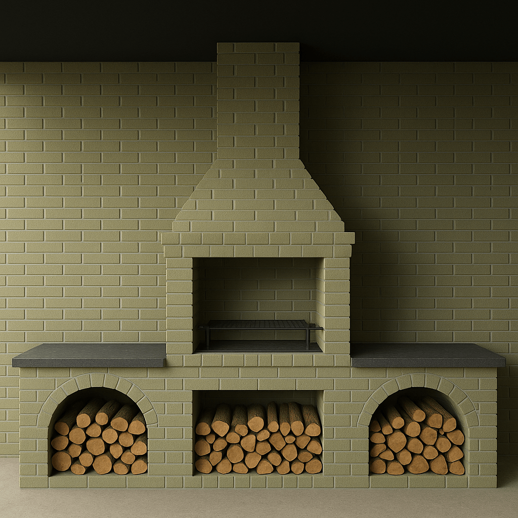 ### Technical Specification for AI-Assisted Interior Visualization  

#### 1. **Overview**  
Visualize a brick barbecue (BBQ) zone integrated into a solid wall. The scene must emphasize functional elements, material textures, and color accuracy.  

---

#### 2. **Wall Specifications**  
- **Dimensions**:  
  - Height: 2.2 m  
  - Width: 4.0 m  
- **Color & Texture**:  
  - Entire wall: **RAL 110 80 10** (green-beige, matte finish).  
  - Brick texture consistent across all sections.  

---

#### 3. **BBQ Zone Structure**  
- **Placement**:  
  - Centered on the wall.  
  - Width: **3.5 m**, leaving **0.25 m** gaps on both sides.  
  - Height: **2.2 m** (floor to ceiling).  
- **Material**: Uniform brick (RAL 110 80 10).  

##### **Key Components**:  
1. **Central Grill Niche**:  
   - Positioned **1.0 m** above the floor.  
   - Height: **0.4 m** (total vertical space: 1.0–1.4 m).  
   - Contains a **metal grill rack** (dark gray, matte).  

2. **Chimney**:  
   - Starts directly above the grill niche (from **1.4 m**).  
   - Extends to the ceiling (**2.2 m**) and continues through the roof.  
   - Width: **0.3 m** (centered over the grill).  
   - Material: Brick (same color).  

3. **Work Surfaces (Left & Right)**:  
   - Positioned **1.0 m** above the floor.  
   - Width: **1.25 m** each (symmetrical).  
   - Depth: **0.6 m** (protrusion from the wall).  
   - Material: **Heat-resistant stone** (dark gray, smooth).  

4. **Firewood Storage**:  
   - **Under Work Surfaces**:  
     - Two **half-spherical niches** (radius: **0.4 m**).  
     - Starting from the floor, curving upward.  
     - Filled with **firewood logs** (natural wood tones).  
   - **Under Grill Niche**:  
     - **Rectangular compartment** (width: **1.0 m**, height: **0.5 m**).  
     - Positioned from floor to **0.5 m**.  
     - Contains stacked firewood.  

---

#### 4. **Ceiling**  
- **Color**: **Matte black**.  
- **Texture**: Smooth, non-reflective.  

---

#### 5. **Color & Material Details**  
| **Element**          | **Color/Material**        | **Notes**                              |  
|----------------------|---------------------------|----------------------------------------|  
| Brick structure      | RAL 110 80 10 (brick)     | Uniform finish; avoid gloss.           |  
| Work surfaces        | Dark gray stone           | Smooth, heat-resistant texture.        |  
| Firewood             | Natural wood tones        | Birch/oak logs; irregular stacking.    |  
| Grill rack           | Dark gray metal           | Matte, perforated design.              |  
| Ceiling              | Matte black               | Flat, no reflections.                  |  

---

#### 6. **Lighting & Atmosphere**  
- **Ambient Light**: Soft, neutral white (simulating daylight).  
- **Shadows**: Gentle shadows to highlight depth (e.g., under niches/work surfaces).  
- **Mood**: Functional yet inviting; emphasize texture contrasts (brick vs. stone vs. metal).  

---

#### 7. **Camera Angle & Composition**  
- **Perspective**: Eye-level (1.6 m height), facing the wall directly.  
- **Frame**: Capture the entire wall (4 m width) with BBQ zone centered.  
- **Focus**:  
  - Grill niche as the focal point.  
  - Firewood storage details visible.  
  - Chimney extending upward.  

---

#### 8. **AI Prompt Guidelines**  
```markdown  
Scene: A solid brick wall (4m wide × 2.2m high) with a centered BBQ zone (3.5m wide).  
Key elements:  
- Central grill niche at 1m height (40cm tall, metal rack inside).  
- Chimney above the niche (0.3m wide, extending to ceiling).  
- Left/right work surfaces (1.25m each) at 1m height (dark gray stone).  
- Half-spherical firewood niches under work surfaces (radius 0.4m, filled with logs).  
- Rectangular firewood compartment under grill niche (1m wide, 0.5m tall).  
Materials:  
- All brick: RAL 110 80 10 (green-beige, matte).  
- Work surfaces: Dark gray smooth stone.  
- Ceiling: Matte black.  
Lighting: Soft daylight, subtle shadows.  
Style: Photorealistic, detailed textures, functional design.  
```  

---

#### 9. **Validation Criteria**  
- **Accuracy**:  
  - Dimensions match specifications (use scale references).  
  - RAL 110 80 10 applied uniformly.  
- **Completeness**:  
  - All niches/compartments clearly visible.  
  - Firewood naturally stacked.  
  - Chimney extends to the ceiling.  
- **Aesthetics**:  
  - Cohesive color scheme (brick, stone, black ceiling).  
  - Textural contrast between brick, metal, and stone.  

---  
**Approved by**: [Client/Designer Name]  
**Date**: [Current Date]