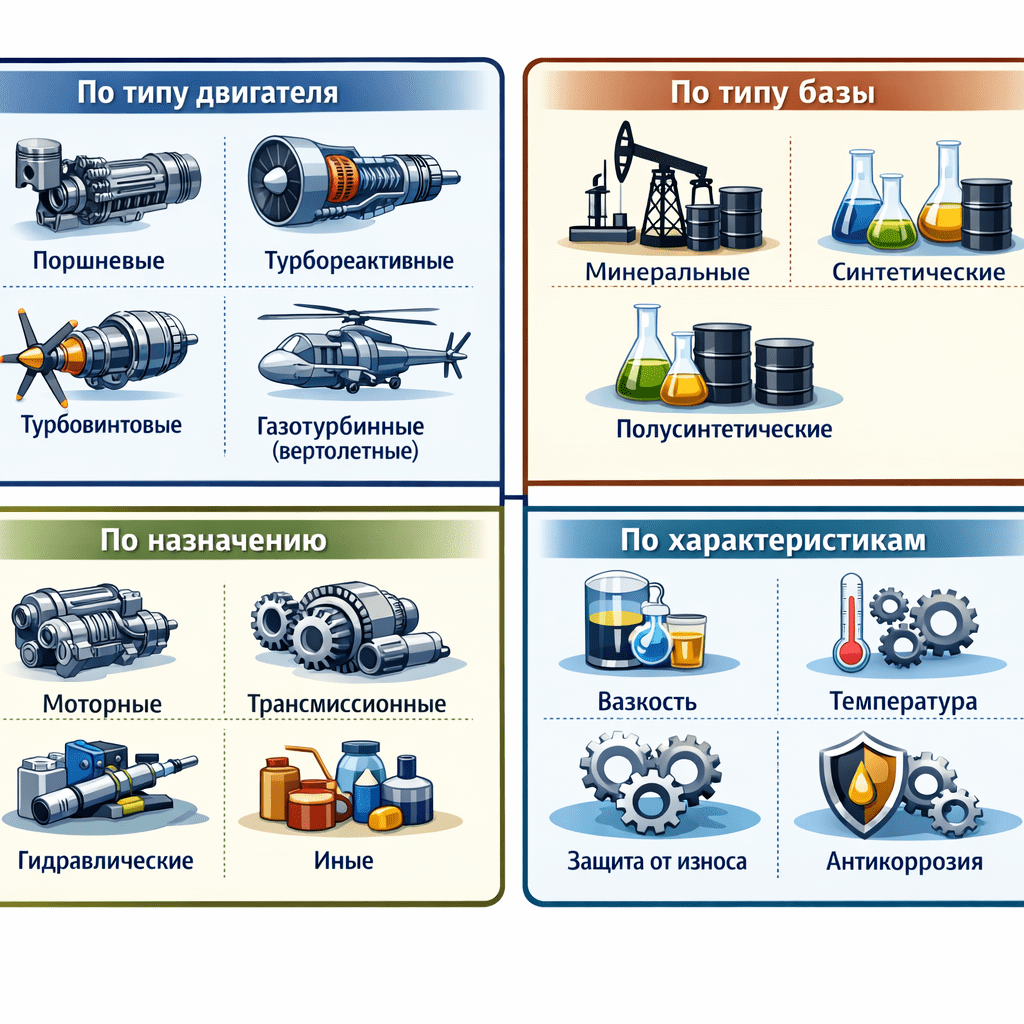 by engine type (piston, turbojet, turboprop, helicopter GTE);
- by type of base (mineral, synthetic, semi-synthetic);
by purpose (motor, transmission, hydraulic, etc.);
- by performance characteristics. нарисуй схему без орфографических ошибок