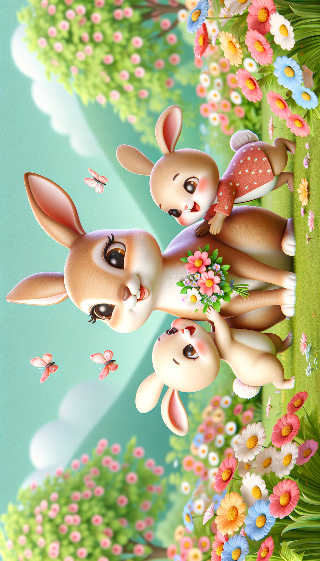 маму зайчиху обнимают два маленьких зайчика и улыбаются и дарят цветы, на заднем фоне цветочная поляна