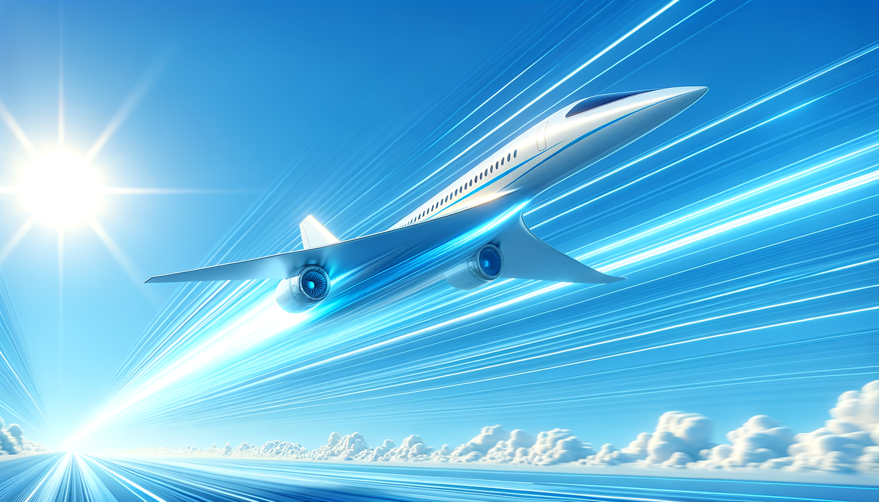 Draw a passenger plane of the future flying in the blue sky that is speeding at supersonic speed