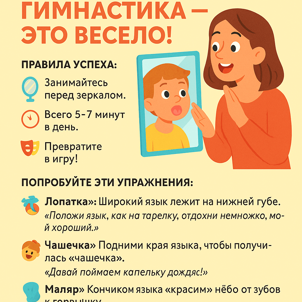 Карточка 1: «Артикуляционная гимнастика — это весело!»
Визуал: Яркая, привлекательная картинка с изображением ребенка и логопеда/мамы, которые вместе делают упражнение «Чашечка» перед зеркалом.
Текст на карточке:
Заголовок: Артикуляционная гимнастика — это весело!
Правила успеха:
🪞 Занимайтесь перед зеркалом.
⏱ Всего 5-7 минут в день.
🎭 Превратите в игру!
Попробуйте эти упражнения:
«Лопатка»: Широкий язык лежит на нижней губе. «Положи язык, как на тарелку, отдохни немножко, мой хороший».
«Чашечка»: Подними края языка, чтобы получилась «чашечка». «Давай поймаем капельку дождя!»
«Маляр»: Кончиком языка «красим» нёбо от зубов к горлышку. «Покрасим потолок в нашем домике-ротике!»
Карточка 2: «Играем на кухне»
Визуал: Коллаж из фотографий: ребенок перебирает крупу, мама показывает на разные овощи, ребенок лепит из теста.
Текст на карточке:
Заголовок: Развиваем речь, не отходя от плиты!
Игры на кухне:
«Съедобное-несъедобное»: Разделяем предметы на категории. «Ложка — несъедобная, яблоко — съедобное».
«Волшебный мешочек»: Угадай на ощупь овощ/фрукт. «Это круглое, твердое... Что же это? Картошка!»
«Поваренок»: Лепим из теста буквы или фигурки, проговаривая действия. «Лепим колобка — круглый, румяный».
Карточка 3: «Развиваем мелкую моторику»
Визуал: Крупный план детских рук: одна рука нанизывает бусины на шнурок, другая — мнет пластилин.
Текст на карточке:
Заголовок: Пальцы говорят! Развиваем мелкую моторику.
Почему это важно? Центры мозга, отвечающие за речь и движения пальцев, находятся рядом. Развивая ручки — развиваем речь!
Чем заняться?
Пальчиковая гимнастика («Сорока-ворона»).
Лепка из пластилина, теста.
Нанизывание бусин, пуговиц.
Игры с песком и крупами.
Конструкторы, пазлы, мозаика.
Карточка 4: «Вопрос-ответ»
Визуал: Стилизованное изображение знака вопроса, составленного из букв и детских игрушек.
Текст на карточке:
Заголовок: Часто задаваемые вопросы логопеду
В.: Ребенок в 3 года мало говорит. Это нормально?
О.: Требуется консультация специалиста. Норма — активный словарь около 1000-1500 слов, использование простых фраз.
В.: Он говорит много, но его не понимают. Что делать?
О.: Причина может быть в нарушении звукопроизношения. Нужна диагностика у логопеда.
В.: Как правильно исправлять ошибки в речи?
О.: Не ругайте! Спокойно повторите слово верно: «Это не "копа", а "корова". Молодец, стараешься!»
Карточка 5: «Создаем речевую среду»
Визуал: Уютная семейная сцена: родитель и ребенок читают книгу на диване.
Текст на карточке:
Заголовок: Речевая среда: создаем дома атмосферу для говорения
Простые правила:
Говорите сами правильно, четко и не торопясь.
Комментируйте свои действия и действия ребенка. «Мы надеваем красные носочки. Вот один, вот второй».
Задавайте открытые вопросы: «Что тебе понравилось в садике?» вместо «Тебе было весело?».
Читайте каждый день! Обсуждайте иллюстрации, просите догадаться, что будет дальше.
Слушайте внимательно, не перебивая.
Рекомендации по оформлению:
Фон: Светлый, пастельный.
Шрифты: Крупные, легко читаемые.
Иконки: Используйте понятные иконки (🪞, ⏱, 🎭) для визуального сопровождения текста.
Формат: А5 или квадрат 15х15 см для удобства размещения в информационных уголках.
Эти карточки можно распечатать и разместить в «логопедическом уголке» для родителей, а также использовать в качестве раздаточного материала на консультациях.. Карточка 1: «Артикуляционная гимнастика — это весело!»
Визуал: Яркая, привлекательная картинка с изображением ребенка и логопеда/мамы, которые вместе делают упражнение «Чашечка» перед зеркалом.
Текст на карточке:
Заголовок: Артикуляционная гимнастика — это весело!
Правила успеха:
🪞 Занимайтесь перед зеркалом.
⏱ Всего 5-7 минут в день.
🎭 Превратите в игру!
Попробуйте эти упражнения:
«Лопатка»: Широкий язык лежит на нижней губе. «Положи язык, как на тарелку, отдохни немножко, мой хороший».
«Чашечка»: Подними края языка, чтобы получилась «чашечка». «Давай поймаем капельку дождя!»
«Маляр»: Кончиком языка «красим» нёбо от зубов к горлышку. «Покрасим потолок в нашем домике-ротике!»
Карточка 2: «Играем на кухне»
Визуал: Коллаж из фотографий: ребенок перебирает крупу, мама показывает на разные овощи, ребенок лепит из теста.
Текст на карточке:
Заголовок: Развиваем речь, не отходя от плиты!
Игры на кухне:
«Съедобное-несъедобное»: Разделяем предметы на категории. «Ложка — несъедобная, яблоко — съедобное».
«Волшебный мешочек»: Угадай на ощупь овощ/фрукт. «Это круглое, твердое... Что же это? Картошка!»
«Поваренок»: Лепим из теста буквы или фигурки, проговаривая действия. «Лепим колобка — круглый, румяный».
Карточка 3: «Развиваем мелкую моторику»
Визуал: Крупный план детских рук: одна рука нанизывает бусины на шнурок, другая — мнет пластилин.
Текст на карточке:
Заголовок: Пальцы говорят! Развиваем мелкую моторику.
Почему это важно? Центры мозга, отвечающие за речь и движения пальцев, находятся рядом. Развивая ручки — развиваем речь!
Чем заняться?
Пальчиковая гимнастика («Сорока-ворона»).
Лепка из пластилина, теста.
Нанизывание бусин, пуговиц.
Игры с песком и крупами.
Конструкторы, пазлы, мозаика.
Карточка 4: «Вопрос-ответ»
Визуал: Стилизованное изображение знака вопроса, составленного из букв и детских игрушек.
Текст на карточке:
Заголовок: Часто задаваемые вопросы логопеду
В.: Ребенок в 3 года мало говорит. Это нормально?
О.: Требуется консультация специалиста. Норма — активный словарь около 1000-1500 слов, использование простых фраз.
В.: Он говорит много, но его не понимают. Что делать?
О.: Причина может быть в нарушении звукопроизношения. Нужна диагностика у логопеда.
В.: Как правильно исправлять ошибки в речи?
О.: Не ругайте! Спокойно повторите слово верно: «Это не "копа", а "корова". Молодец, стараешься!»
Карточка 5: «Создаем речевую среду»
Визуал: Уютная семейная сцена: родитель и ребенок читают книгу на диване.
Текст на карточке:
Заголовок: Речевая среда: создаем дома атмосферу для говорения
Простые правила:
Говорите сами правильно, четко и не торопясь.
Комментируйте свои действия и действия ребенка. «Мы надеваем красные носочки. Вот один, вот второй».
Задавайте открытые вопросы: «Что тебе понравилось в садике?» вместо «Тебе было весело?».
Читайте каждый день! Обсуждайте иллюстрации, просите догадаться, что будет дальше.
Слушайте внимательно, не перебивая.
Рекомендации по оформлению:
Фон: Светлый, пастельный.
Шрифты: Крупные, легко читаемые.
Иконки: Используйте понятные иконки (🪞, ⏱, 🎭) для визуального сопровождения текста.
Формат: А5 или квадрат 15х15 см для удобства размещения в информационных уголках.
Эти карточки можно распечатать и разместить в «логопедическом уголке» для родителей, а также использовать в качестве раздаточного материала на консультациях..