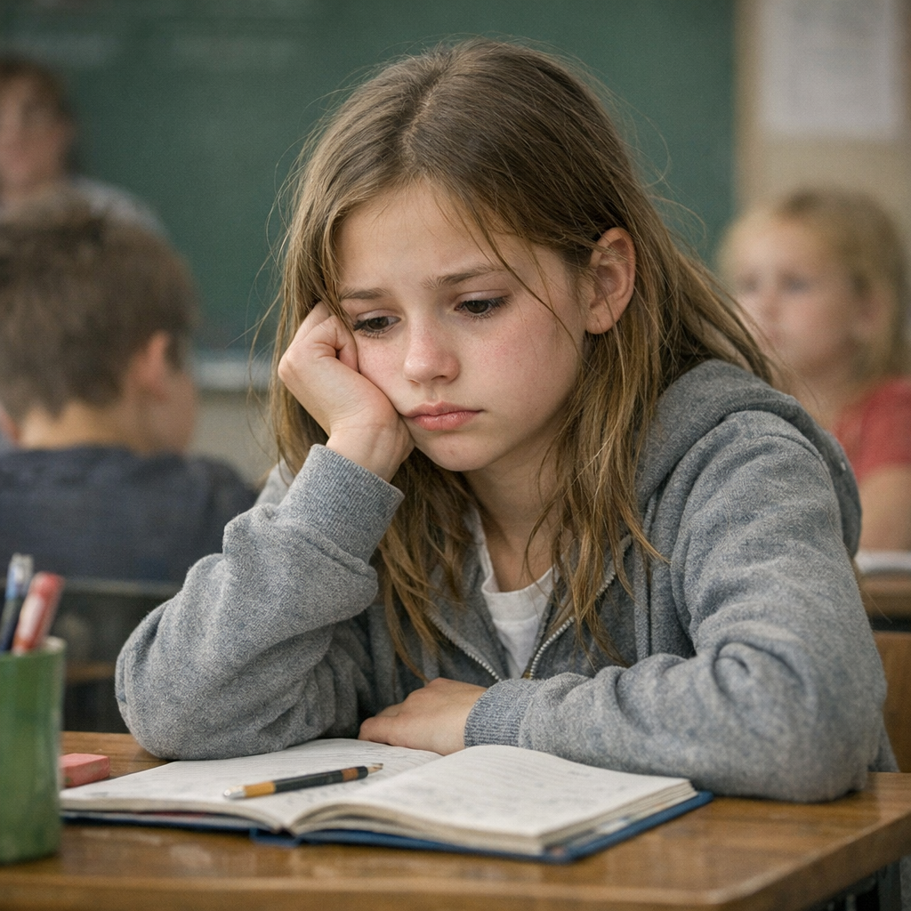 грустная девочка сидит за партой в школе на уроке реалистичное фото гипердетализация