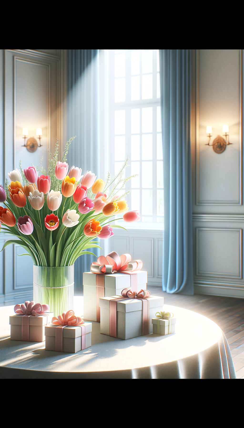 bouquet of tulips in the room, gifts, window in the background