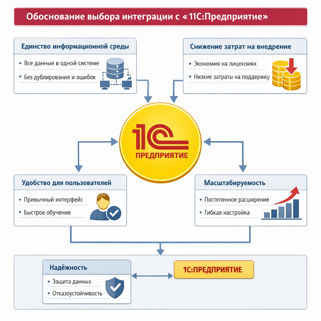 боснование выбора интеграции с «1С:Предприятие»
Внедрение CRM‑модуля непосредственно в среду «1С:Предприятие» обосновано следующими факторами:

Единство информационной среды — все данные хранятся и обрабатываются в одной системе, что исключает дублирование и ошибки при переносе данных.

Снижение затрат на внедрение — использование существующей платформы минимизирует затраты на лицензирование и поддержку.

Удобство для пользователей — сотрудники уже знакомы с интерфейсом «1С», что сокращает время на обучение.

Масштабируемость — возможность постепенного расширения функционала модуля без нарушения работы других процессов.

Надёжность — «1С:Предприятие» обеспечивает высокий уровень защиты данных и отказоустойчивость. а можно научную строгую схему на русском языке