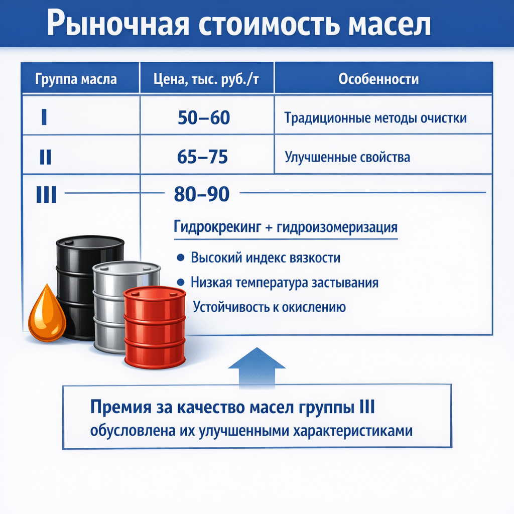 Market value of oils
Oil group Price, thousand rubles/t Features
I 50–60 Traditional refining methods
II 65–75 Improved properties
III 80–90 Hydrocracking + hydroisomerization (high viscosity index, low pour point, oxidation resistance)
The quality premium for Group III oils is due to their improved characteristics нарисуй схему без орфографических ошибок