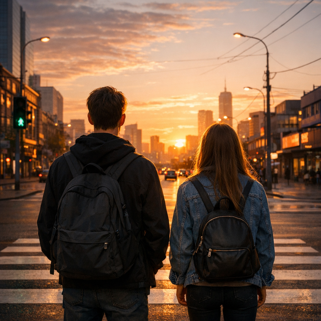 Город на рассвете, пешеходный переход, парень и девушка стоят спиной