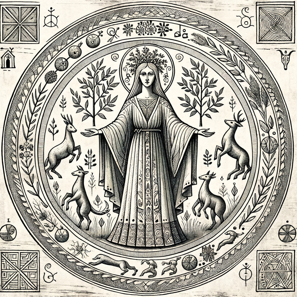 балто-славянская языческая богиня душ и умерших  по имени велона. древний рисунок в стиле 13 века. языческая лесная богиня