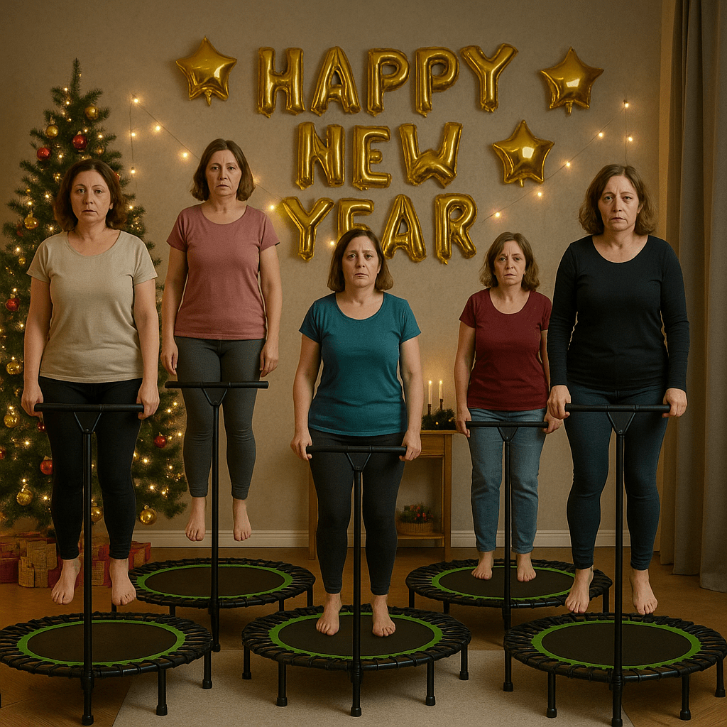 I need a picture of five mini trampolines for jumping. On each trampoline, women in their 40s, not very athletic, are jumping with melancholy on their faces. There's a New Year's atmosphere all around.