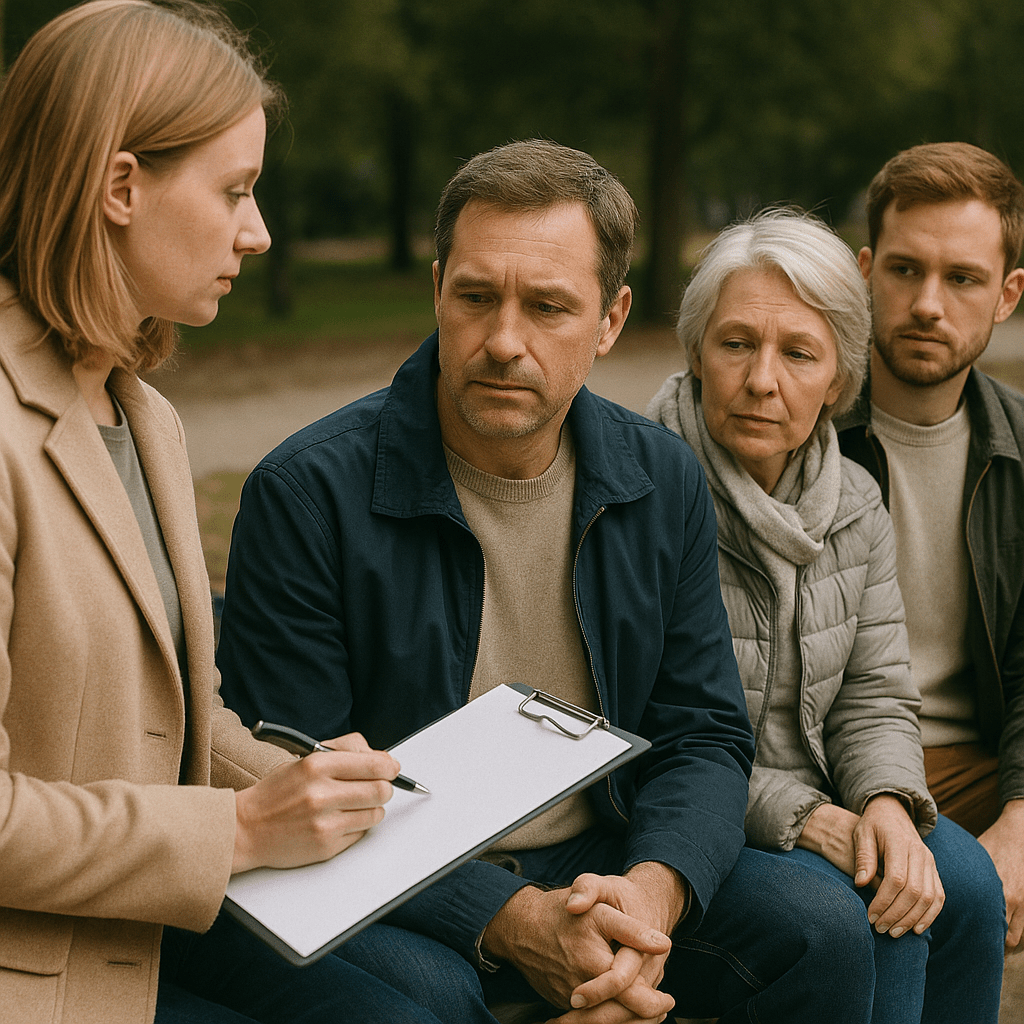 белая женщина проводит опрос среди белых людей, люди негрустные, задумчивые, реалистичное фото