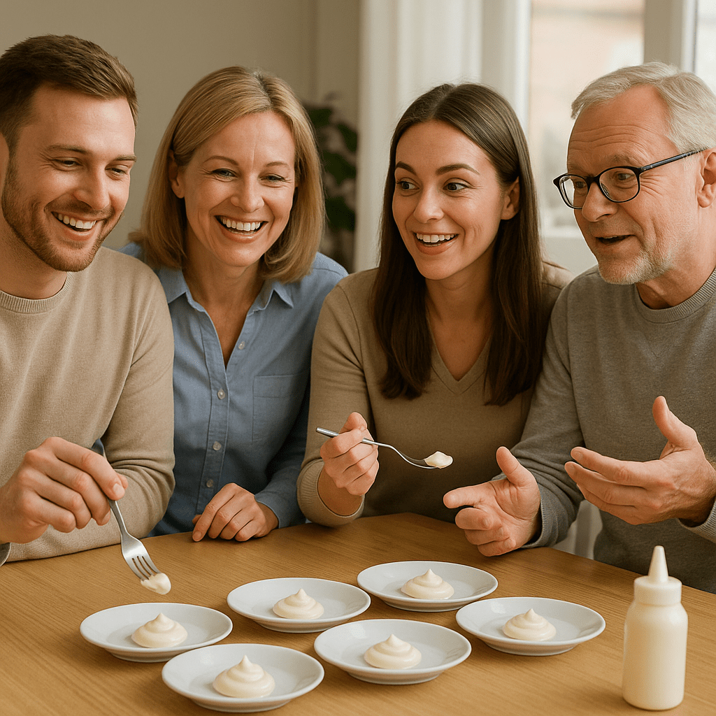 группа довольных и заинтересованных белых людей тестирует майонез от разных производителей без отображения брендов и обсуждает реалистичное фото